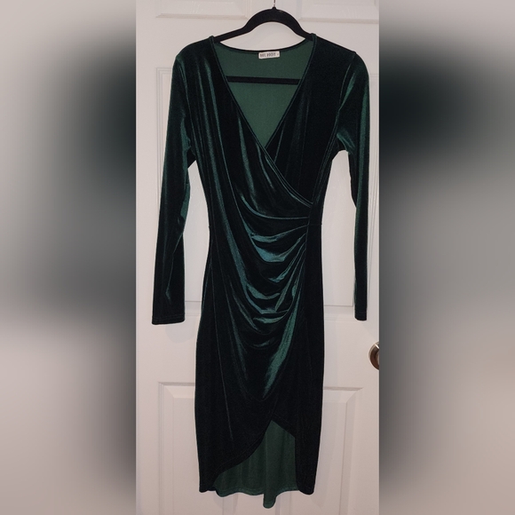 Green Velvet Wrap Dress, V-Neck Long Sleeve Midi, Holiday Party Dress, Women's M - Picture 3 of 7